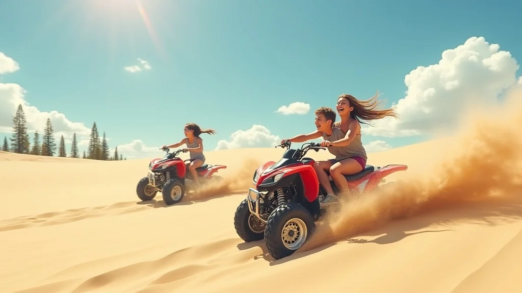 Thrilling Silver Lake Sand Dunes adventure for Michigan family vacations smiling families riding ATVs across golden sand dunes