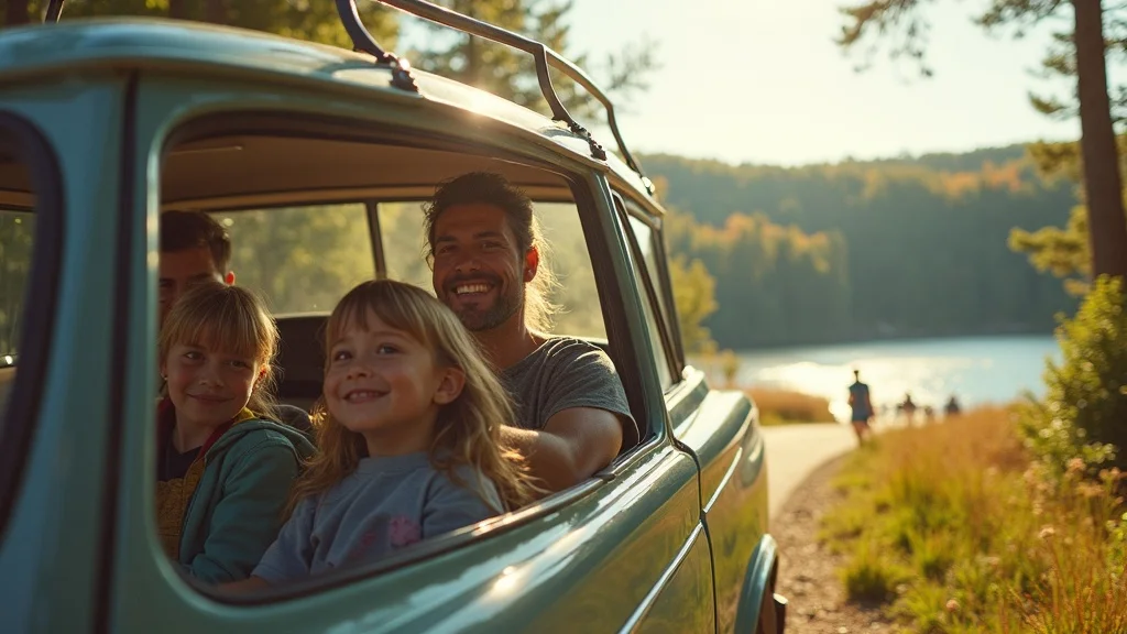 Family drives through scenic Michigan on a road trip, exploring lakes and forests on their affordable Michigan family vacation.