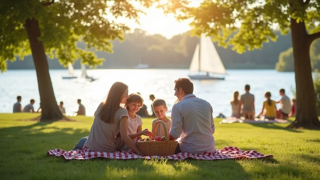 Michigan lakefront family picnic, affordable Michigan family vacations—family, children, picnic basket, blue water, sailboats, green park, happy faces