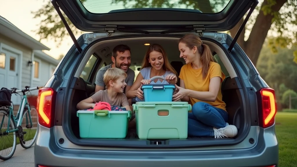 Family smiling and packing an SUV for a Michigan family vacation road trip