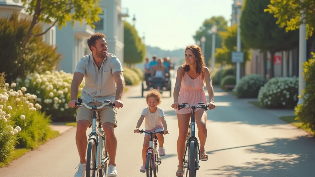 Family biking and enjoying car-free charm on Mackinac Island during their Michigan family vacation