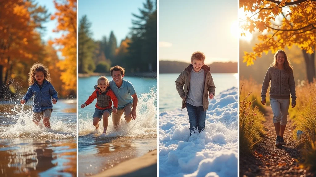 A collage of Michigan family vacations in all four seasons, with families enjoying beaches, fall foliage, winter snow, and spring trails for affordable Michigan family vacations.