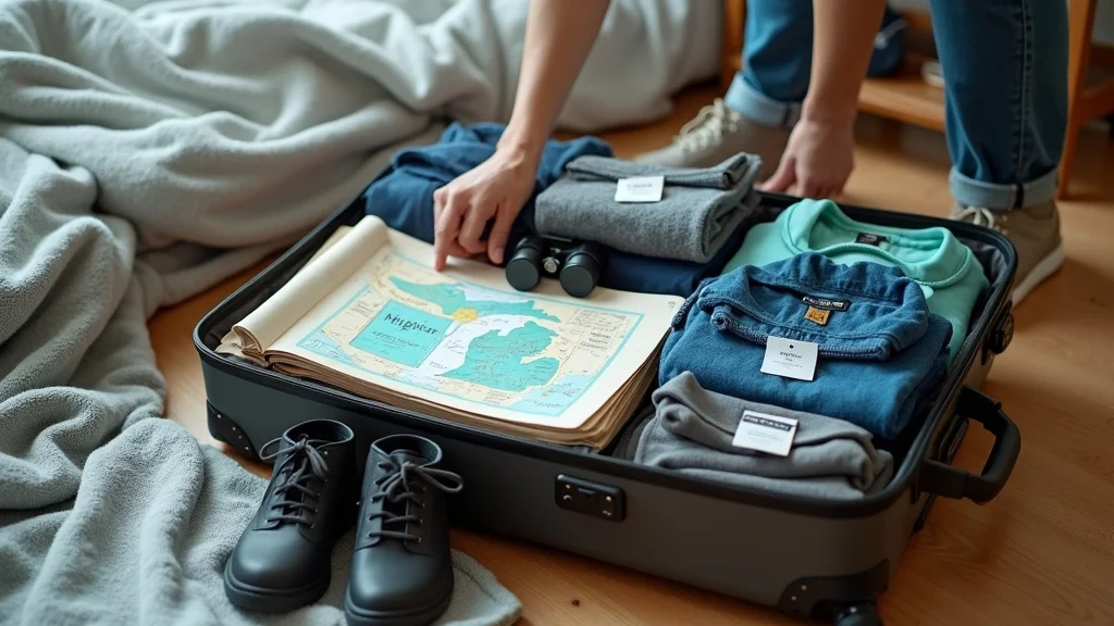 Open suitcase with checklist and packing items for an affordable Michigan family vacation—organized vacation planning.