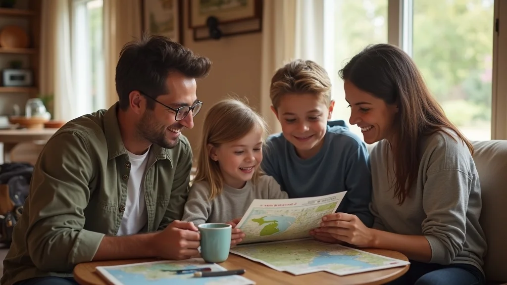 Family planning vacation with Michigan brochures, maps, and tablet, making destination decisions around a cozy cottage table