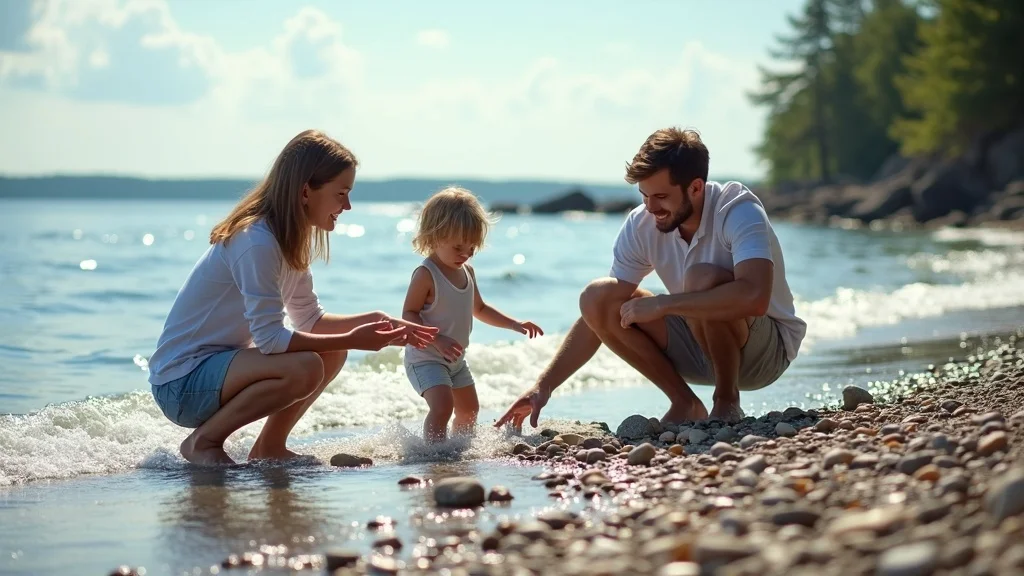 Sunny Michigan lakeshore for Michigan family vacations children and parents searching for Petoskey stones on Lake Michigan beach