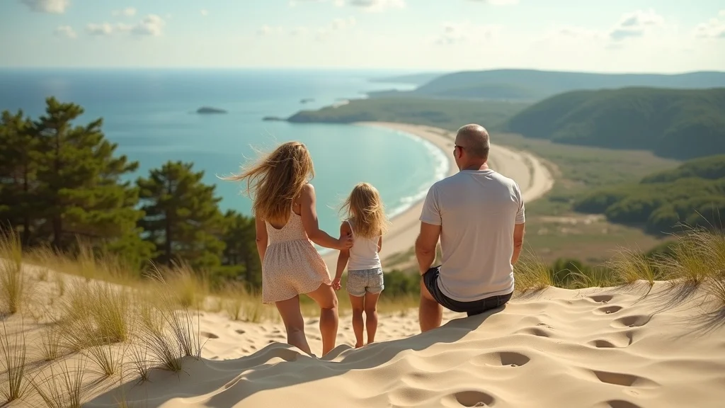 Family enjoying panoramic views atop Sleeping Bear Dunes National Lakeshore during a Michigan family vacation