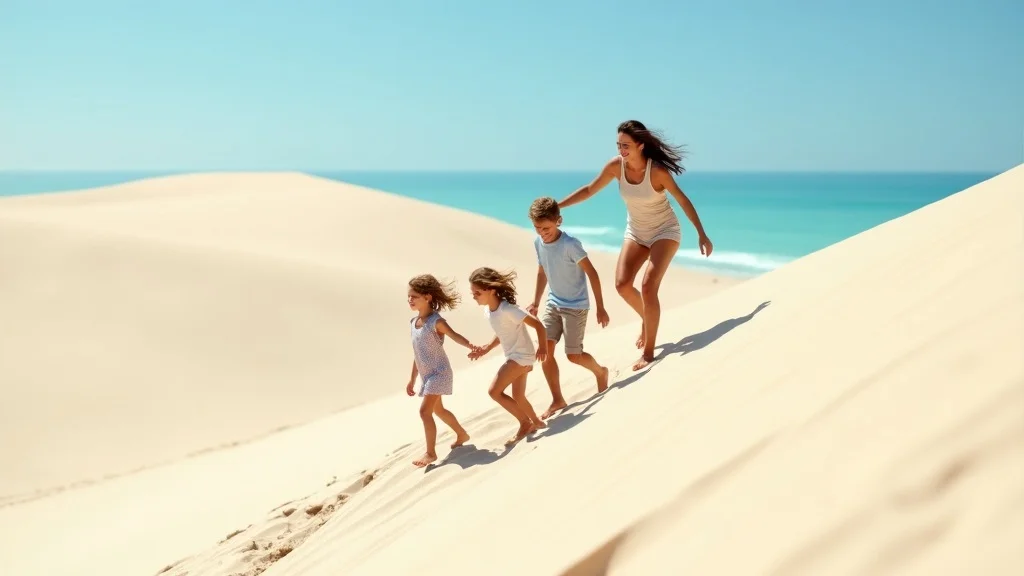 Family climbing Sleeping Bear Dunes, affordable Michigan family vacations—Lake Michigan background, sandy slope, footprints, children and parents helping each other