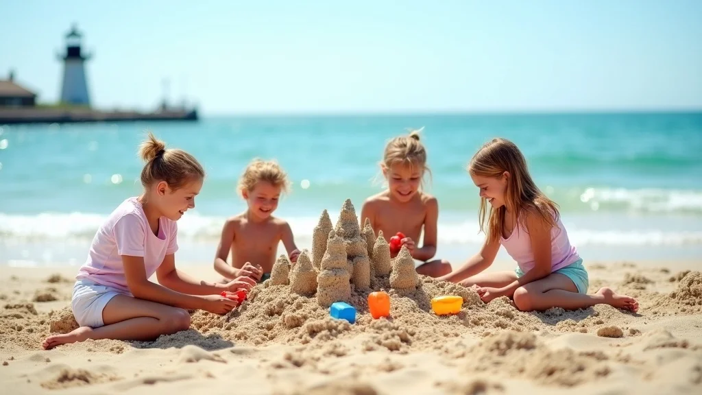 Family building sandcastles on a Lake Michigan beach with a lighthouse in the distance during a Michigan family vacation