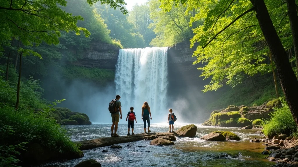 Family hiking near a waterfall in an Upper Peninsula state park, showcasing affordable Michigan nature vacations in lush forests.