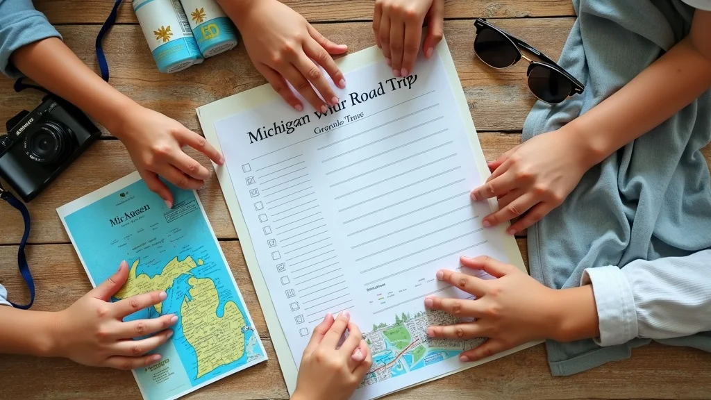 Flat lay of Michigan travel essentials for family vacation: maps, sunscreen, snacks, camera, and tickets