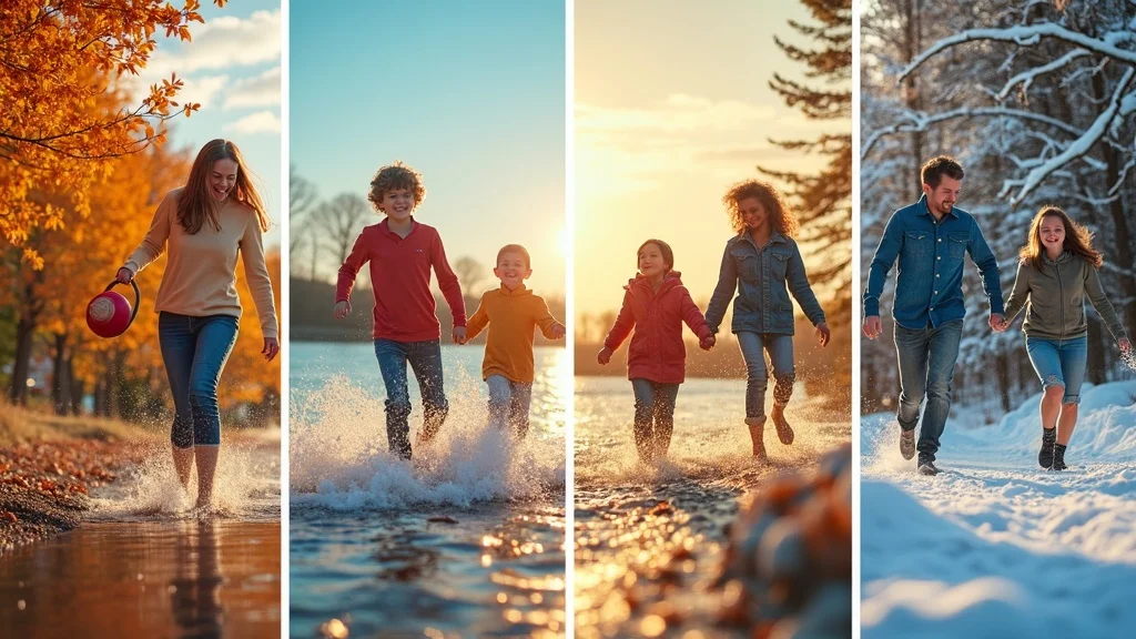 Vibrant four-season Michigan family vacations collage happy families enjoying beaches, autumn forests, snow play, and spring tulip gardens