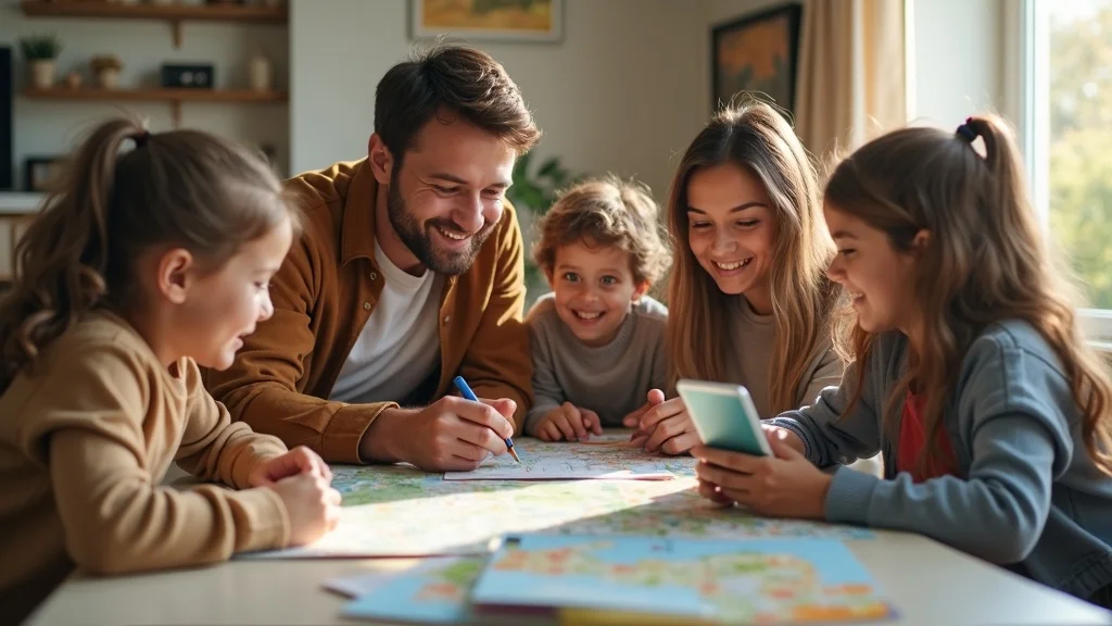 Vibrant Michigan family vacation planning scene showing a family gathered around a table planning their affordable Michigan family vacation with maps and digital devices.