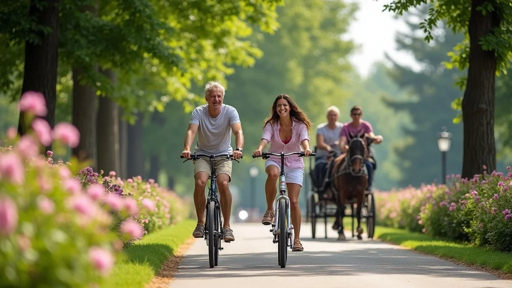 Family biking on Mackinac Island, relaxed smiles, car-free roads, Grand Hotel in the background, Michigan family vacation highlight