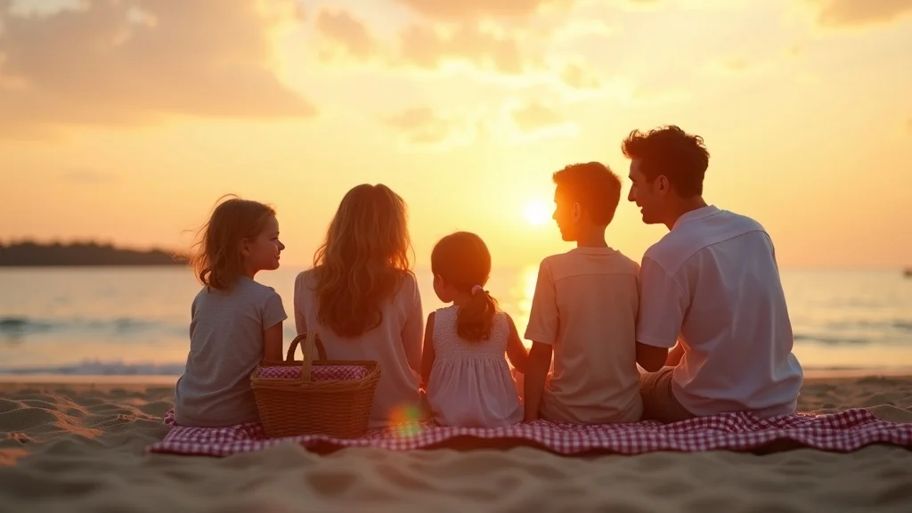 Michigan family vacation at a Lake Michigan sunset, family relaxing on the beach enjoying picnic and soft waves