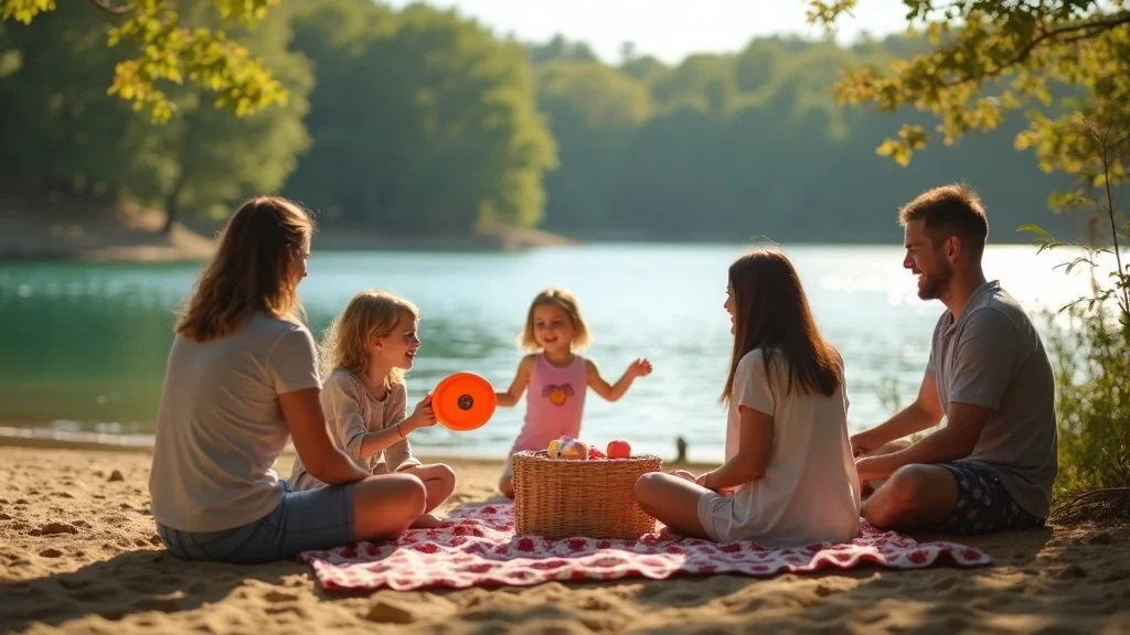 Michigan family vacations lakeside picnic with kids playing and parents relaxing by Great Lake