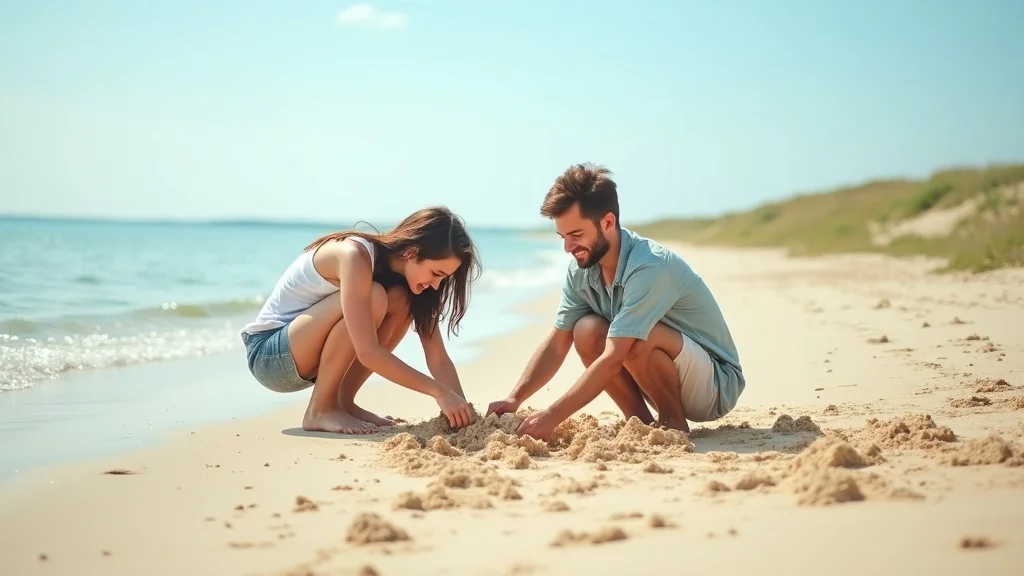 A family enjoys Lake Michigan’s affordable beaches, building sandcastles and playing together in the sand for a fun family vacation.