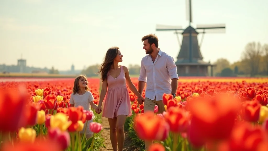 Family walking among vibrant tulips at Holland tulip festival during Michigan family vacation
