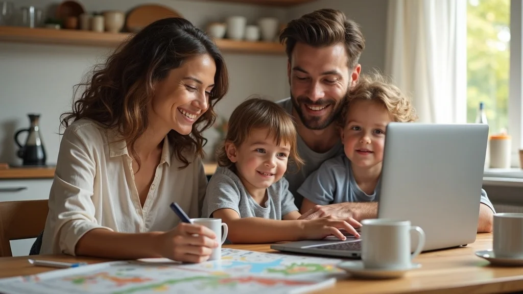Friendly family vacation planning for Michigan family vacations relaxed couple and children reviewing Michigan travel brochures at home
