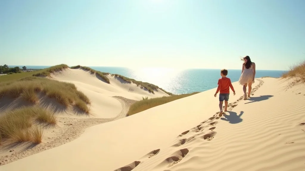 Family climbing Sleeping Bear Dunes National Lakeshore, panoramic view of Lake Michigan, iconic Michigan family adventure