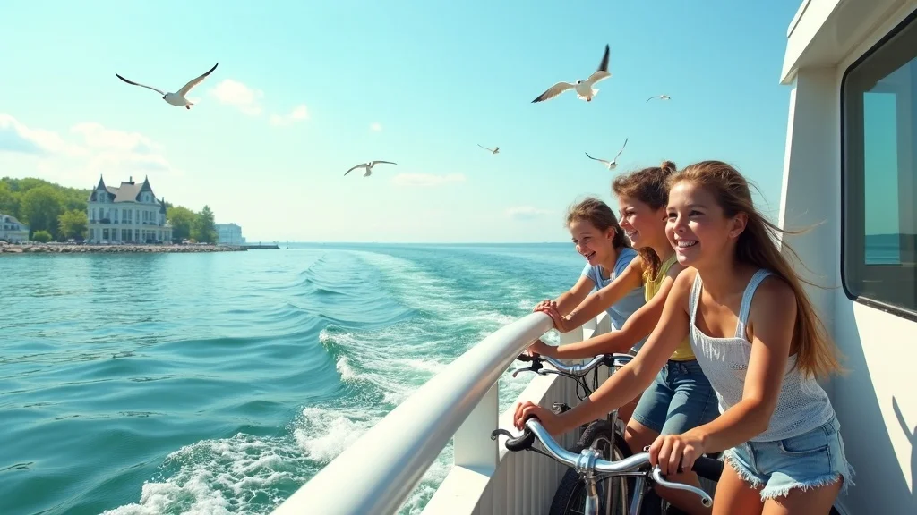 Family rides a ferry to Mackinac Island, ready for their affordable Michigan family getaway filled with historic sites and nature trails.