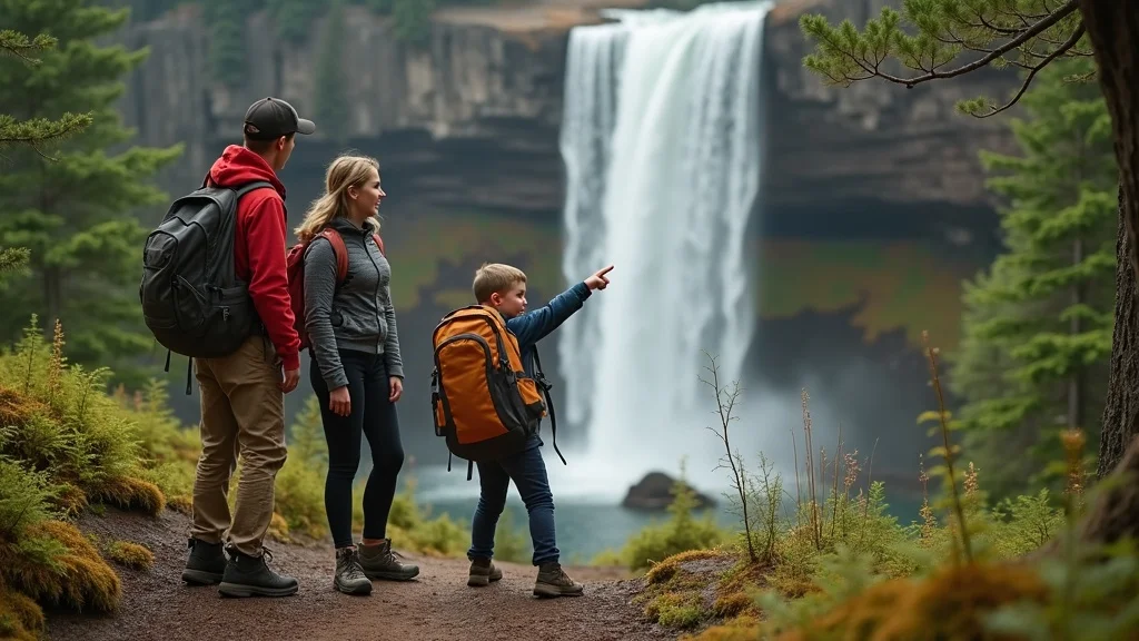 Family hiking Tahquamenon Falls, affordable Michigan family vacations—excited children, waterfall mist, forest trail, green ferns, parents, natural adventure