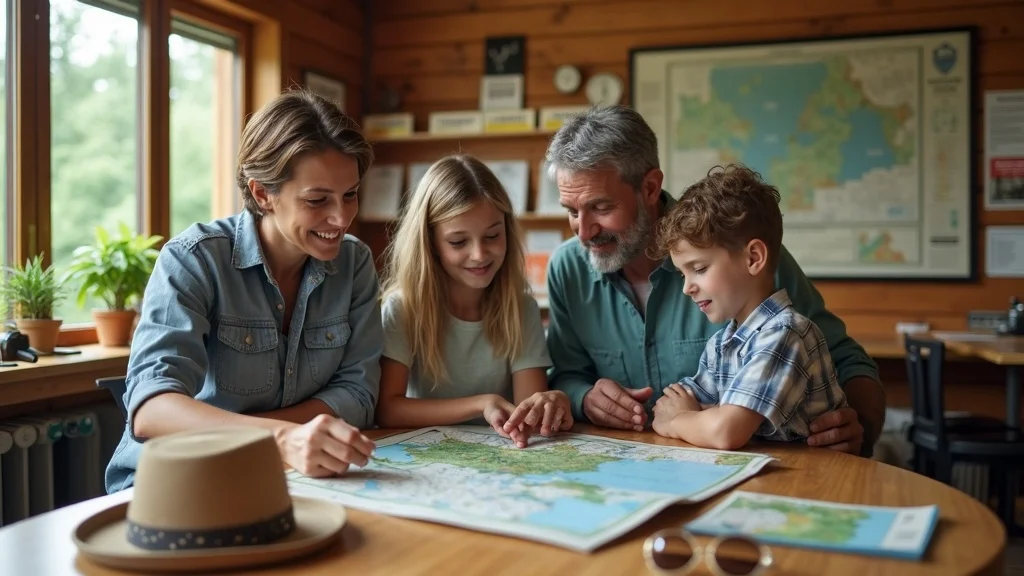 Michigan travel expert advising family, affordable Michigan family vacations—state park map, visitor center, brochures, happy family