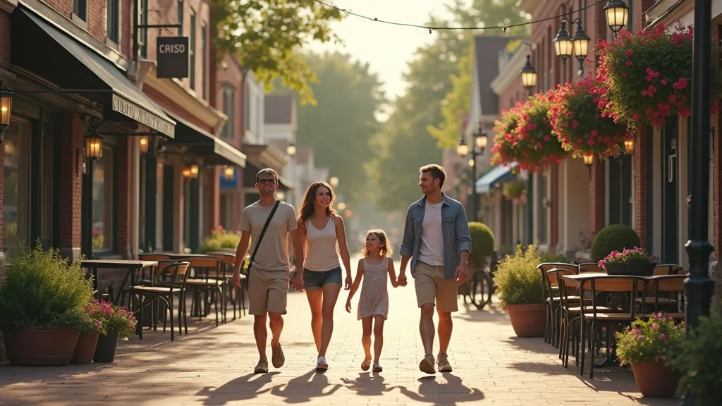 Family strolling small town Michigan, affordable Michigan family vacations—historic main street, shopfronts, summer flowers, relaxed families