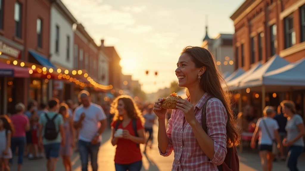 Families enjoying a street festival in a Michigan small town—affordable Michigan family vacation in a festive, welcoming community.