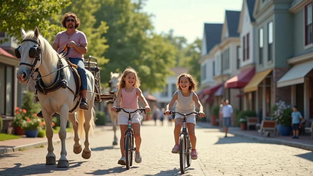 Picturesque Mackinac Island street for Michigan family vacations relaxed families interacting with horse-drawn carriages and bicycles