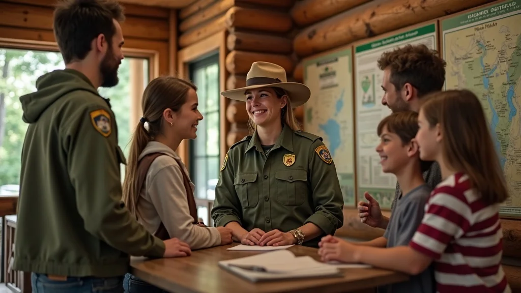 Michigan park ranger offering advice to a family at a state park, underscoring affordable and expert-led family vacation tips.