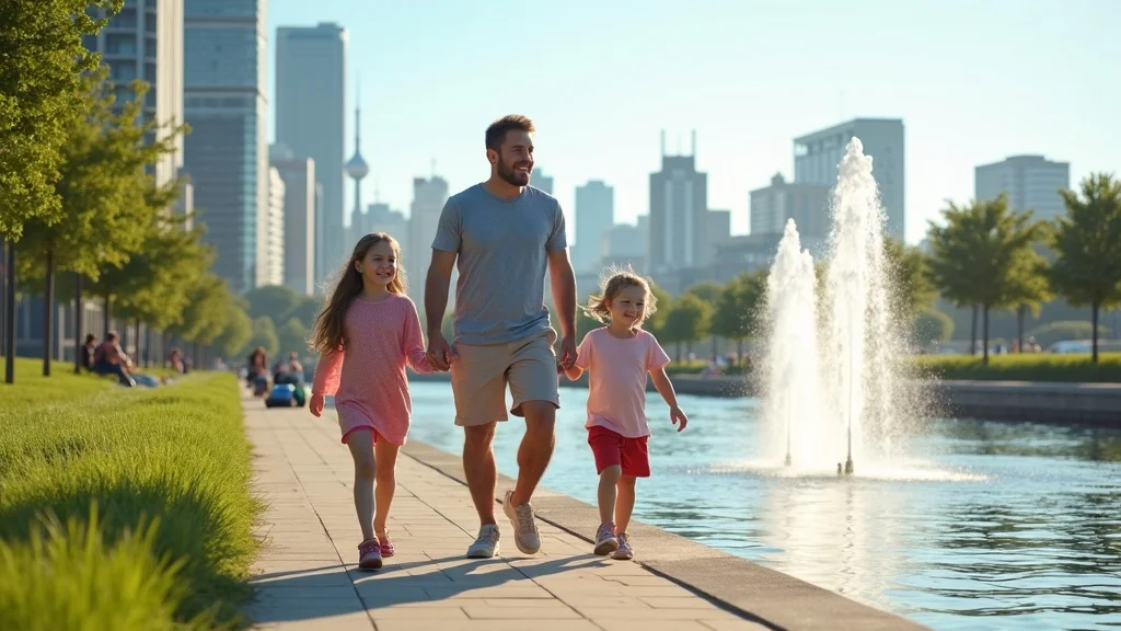 Family enjoying interactive fountains and Detroit skyline along the city’s riverfront park during their Michigan family vacation