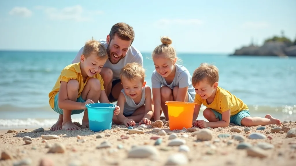 Petoskey Stone beach family fossil hunt, kids searching for fossils and laughing on Lake Michigan shore