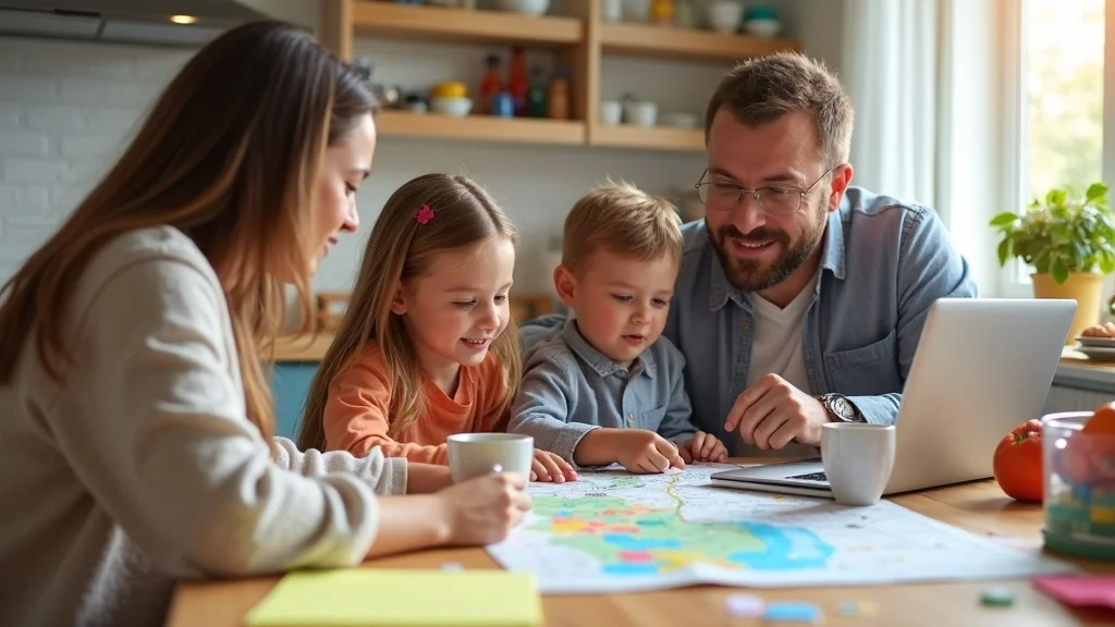 Organized family planning Michigan vacation, affordable Michigan family vacations—family, travel map, laptop, kitchen table, pets, planning