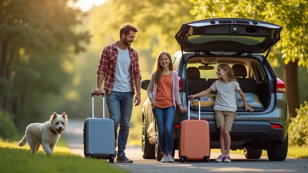 Inviting Michigan family road trip cheerful family loading luggage into a car decorated for travel for a Michigan family vacation