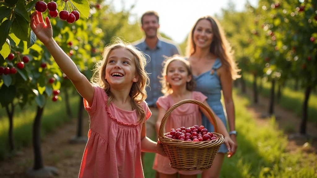 Family picking cherries Traverse City, affordable Michigan family vacations—cherry orchard, children reaching, baskets full, sunlit, smiling faces