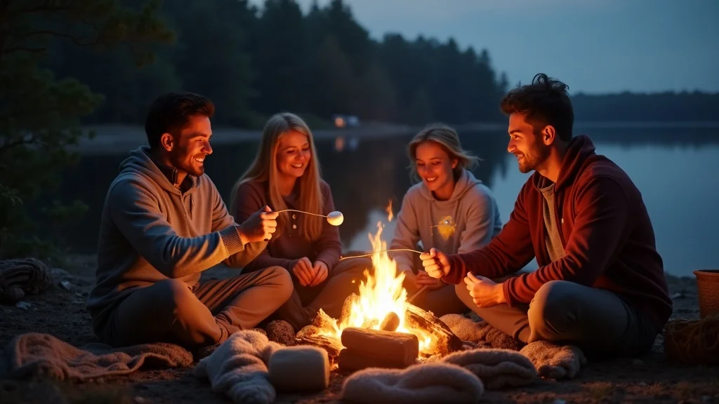 Multigenerational Michigan family enjoying lakeside bonfire, sharing laughs and making s’mores at sunset