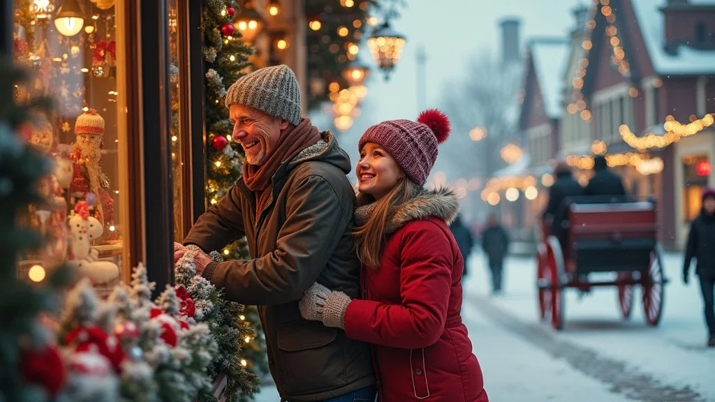 Charming Frankenmuth winter scene for Michigan family vacations joyful family window shopping at the world’s largest Christmas store