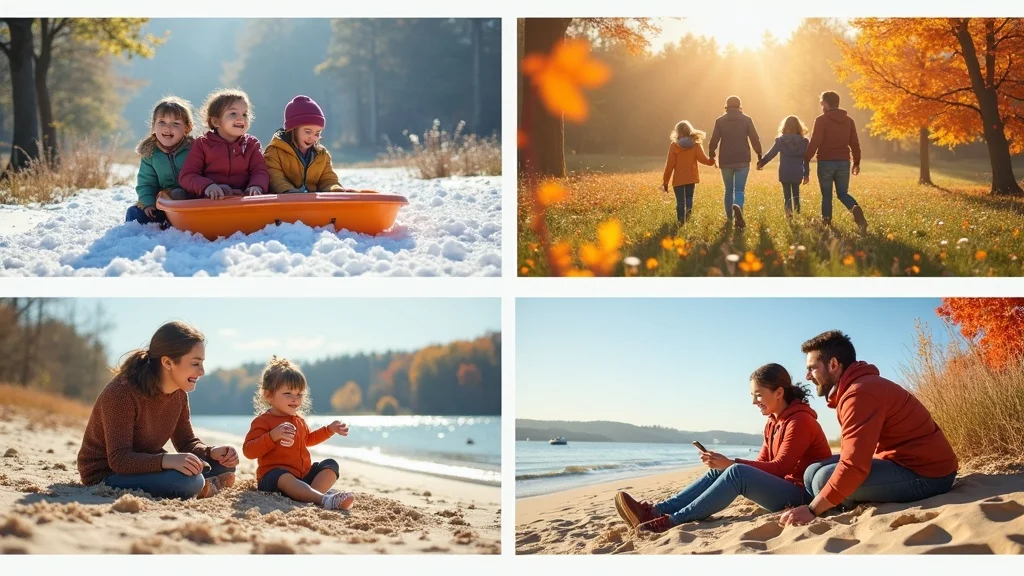 Families enjoying Michigan’s four seasons: snow, wildflowers, sandcastles, and fall leaves, perfectly capturing Michigan family vacations