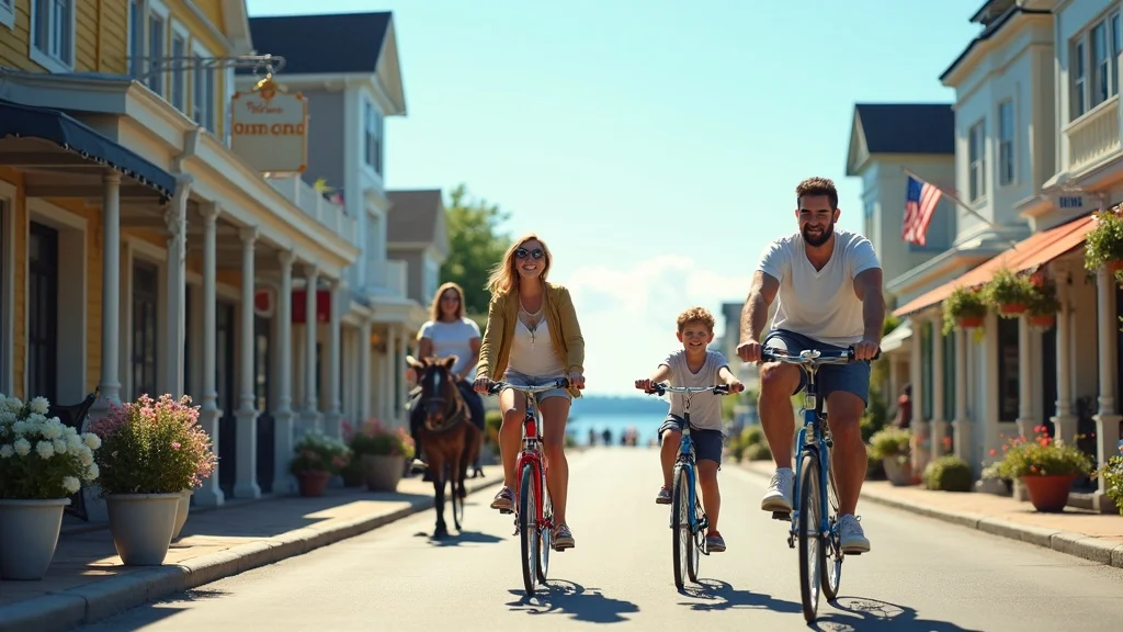 Family biking Mackinac Island, affordable Michigan family vacations—historic street, vintage shops, horse carriage, waterfront view, parents and kids, blue sky