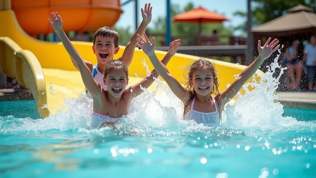 Family splashing at an outdoor Michigan water park, enjoying slides and affordable lakeside adventure for kids.