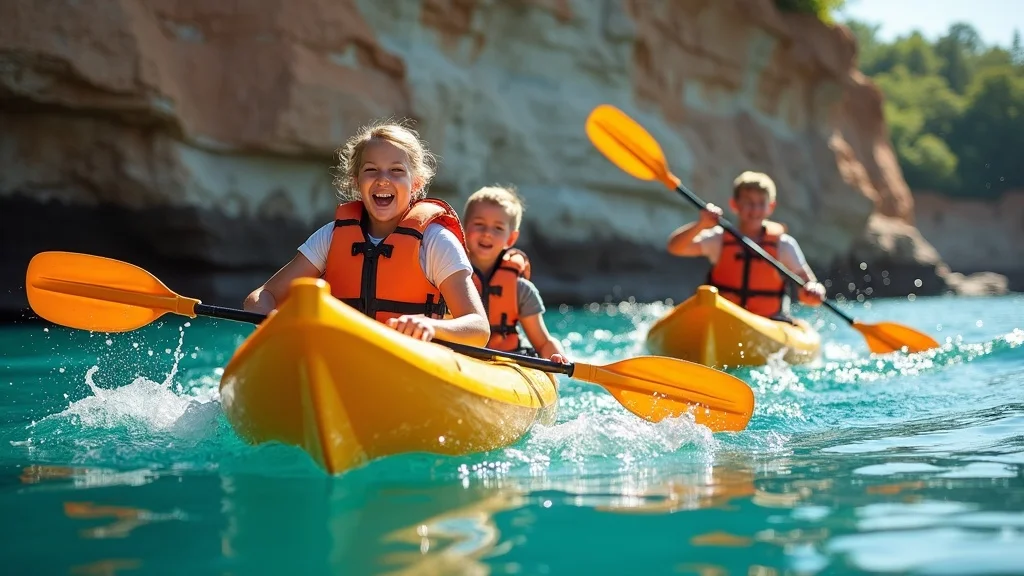 Family kayaking Pictured Rocks, affordable Michigan family vacations—bright kayaks, colorful cliffs, turquoise water, awe, fun family adventure