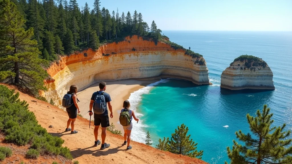 Family hiking overlook at Pictured Rocks National Lakeshore on a Michigan family road trip